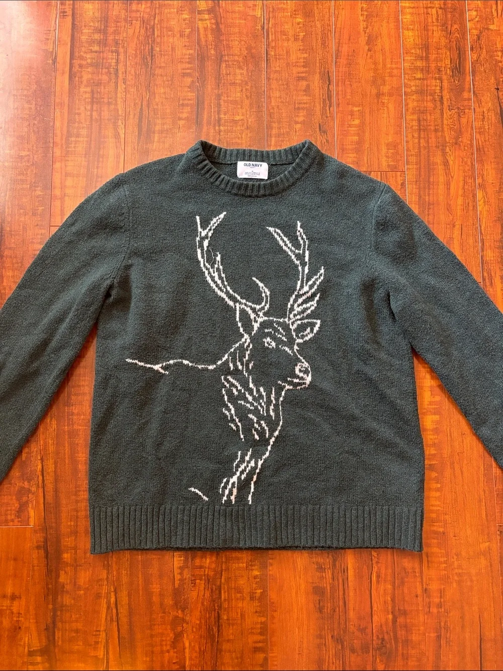 Old Navy Men's Forest Green Crewneck Sweater with White Deer Intarsia